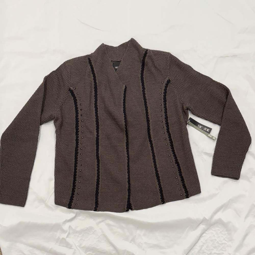 NWT NIC+ZOE Brown Knit Sweater Jacket with Black Accents—Medium